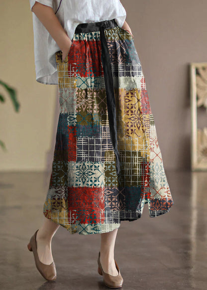 Khaki Elastic Waist Print Linen Skirts Summer