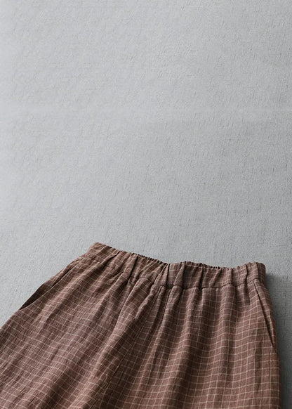 Plaid Pockets Elastic Waist Linen Crop Pants Summer