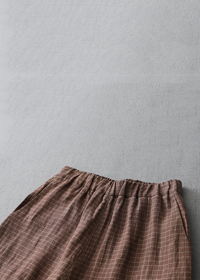 Plaid Pockets Elastic Waist Linen Crop Pants Summer