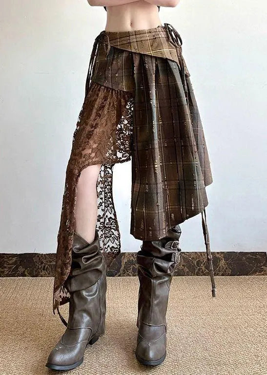 Plaid Asymmetrical Lace Patchwork Cotton Skirt Summer