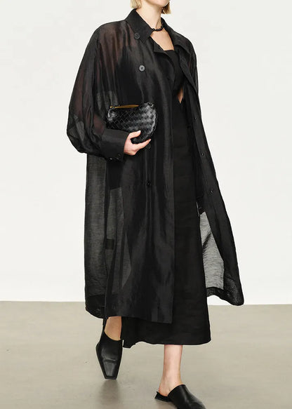 New Black Button Pockets Linen Silk Long Trench Coat Batwing Sleeve