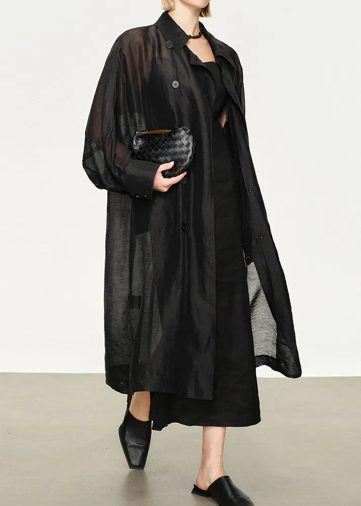 New Black Button Pockets Linen Silk Long Trench Coat Batwing Sleeve