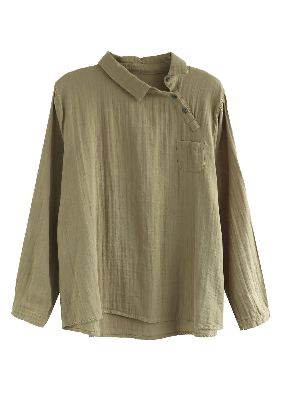 Khaki Button Peter Pan Collar Asymmetrical Design Cotton Tops Long Sleeve