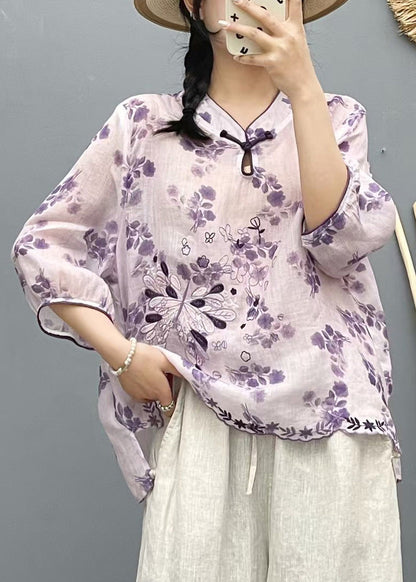Beige Stand Collar Embroidered Linen Shirt Top Summer