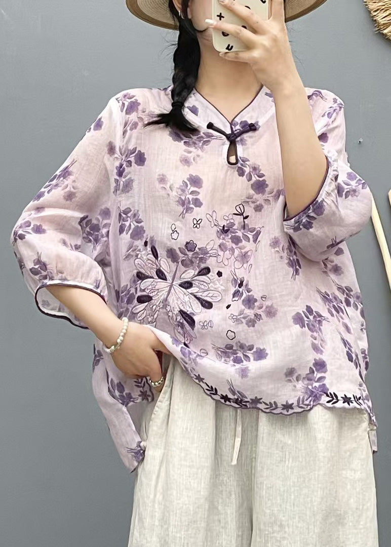 Beige Stand Collar Embroidered Linen Shirt Top Summer