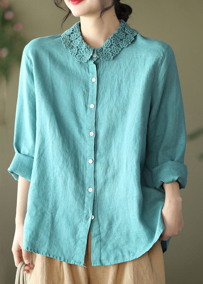 Blue Embroidered Patchwork Linen Blouse Top Long Sleeve