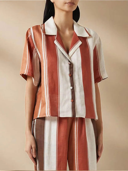 Striped Print Loose Wide Patchwork Button-down Shirt