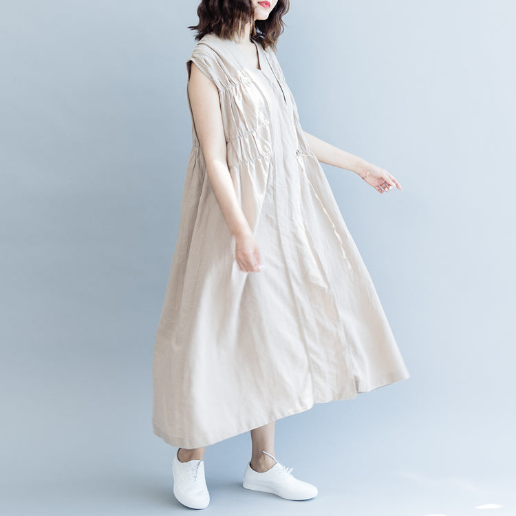 Burgundy Cotton Linen Knee Dress Cotton Linen Clothing Dresses New Sleeveless Cinched V Neck Baggy Dresses