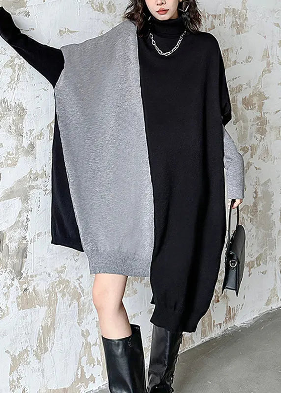 Natural Black Grey Asymmetrical Cotton Knit Long Sweater Dress Fall