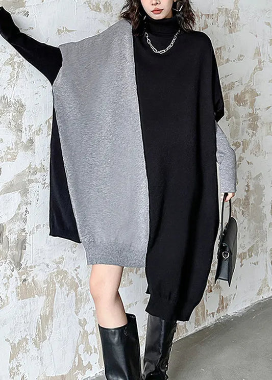 Natural Black Grey Asymmetrical Cotton Knit Long Sweater Dress Fall