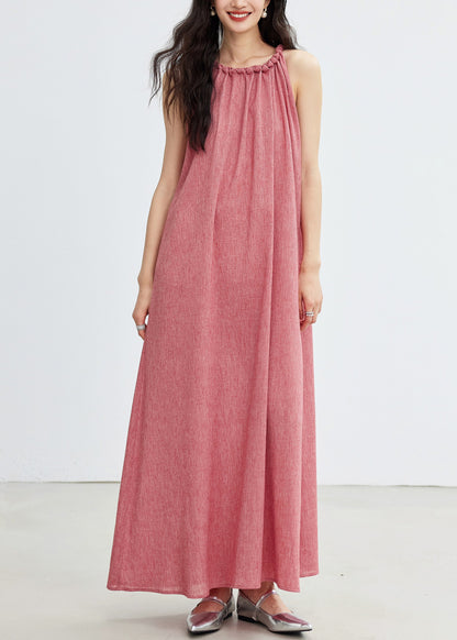 Pink Lace Up Cotton Long Dress Sleeveless