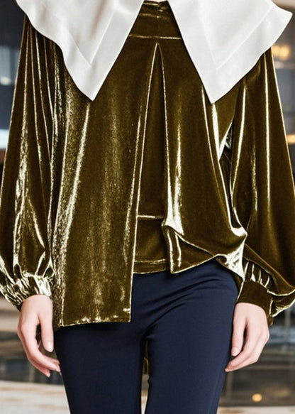 Tea Green Peter Pan Collar Silk Velour Tops Fall