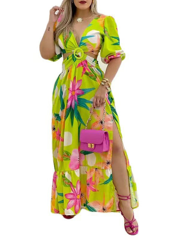 Green Print Hollow Out Side Open Cotton Long Dress Summer