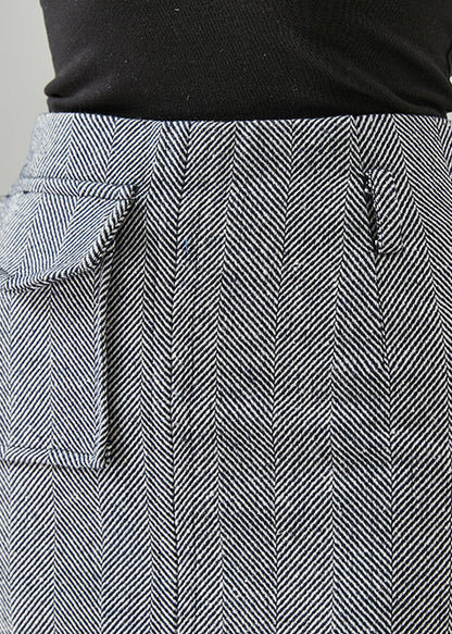 Grey Striped Pocket Cotton Wraped Skirts Fall