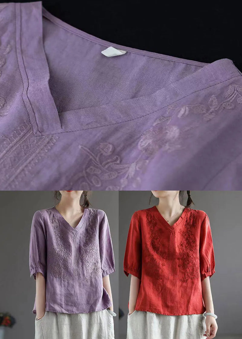 Purple V Neck Embroidered T Shirt Half Sleeve