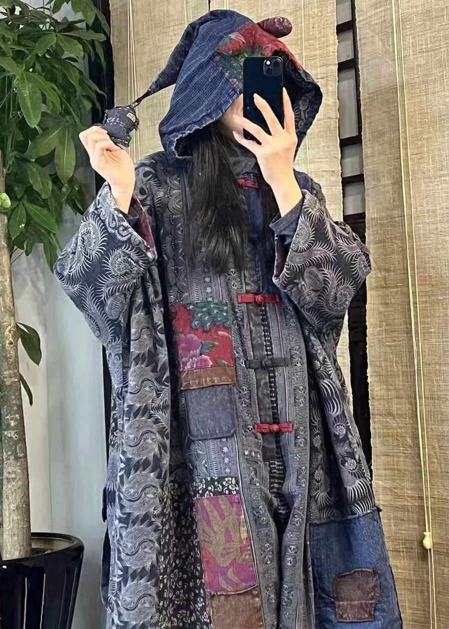 Blue Oriental Button Patchwork Fine Cotton Filled Jumpsuits Winter