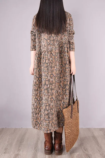 Winter Quilted Print Dress Cotton Linen Dress