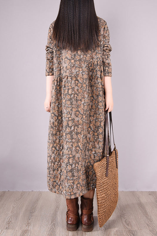 Winter Quilted Print Dress Cotton Linen Dress