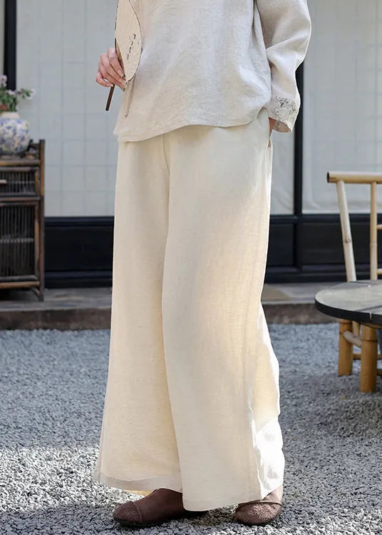 Elastic Waist Pockets Linen Wide Leg Pants Spring