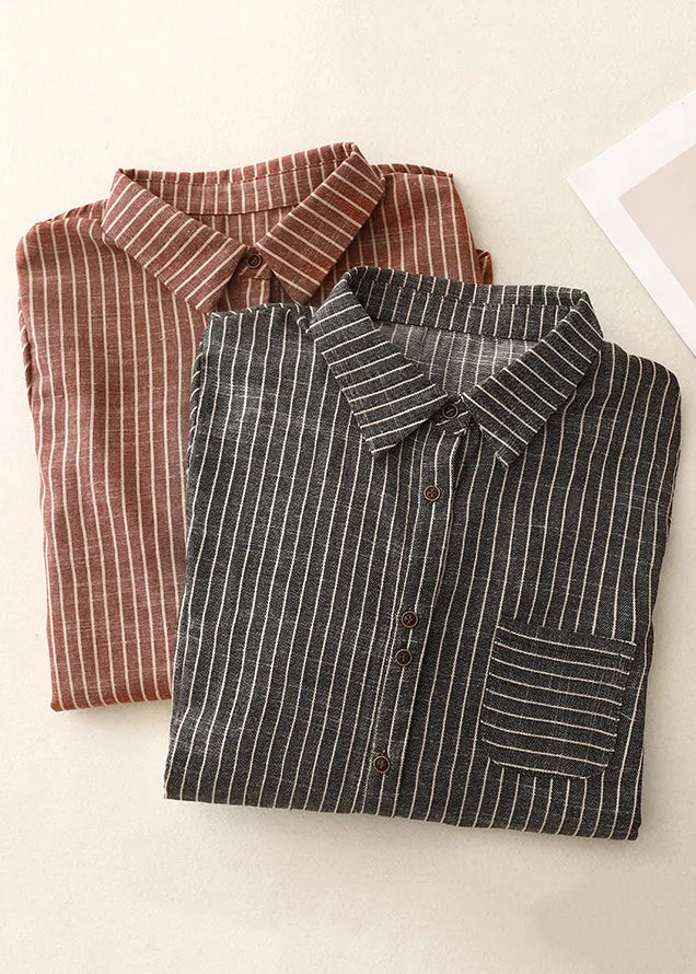 Art Red Peter Pan Collar Striped Cotton Blouses Spring