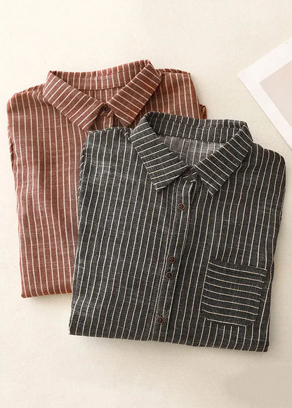 Art Red Peter Pan Collar Striped Cotton Blouses Spring