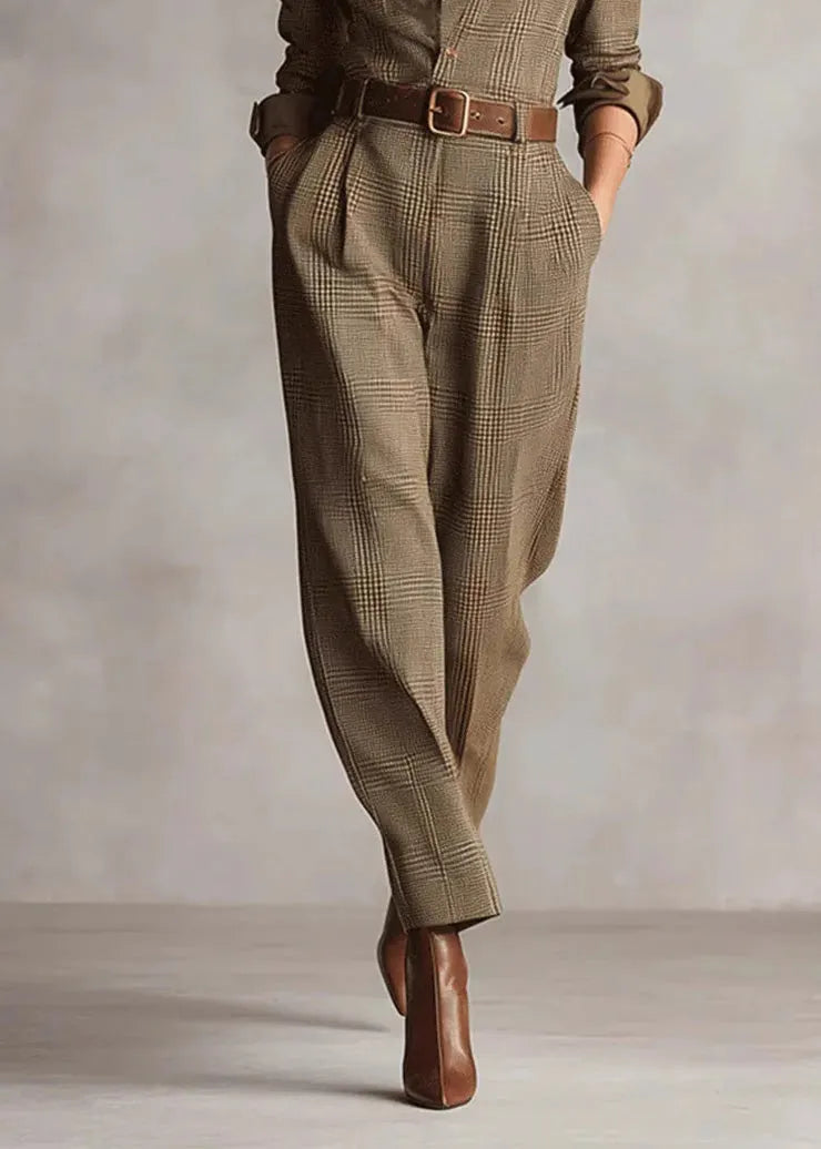Modern Khaki Peter Pan Collar Plaid Cotton Jumpsuit Fall