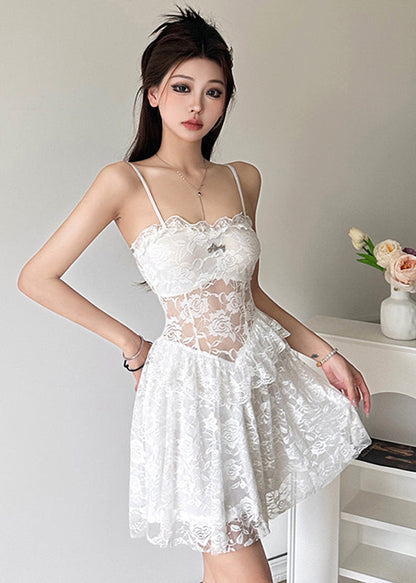 Vogue Black Square Collar Sheer Lace Mid Dresses Sleeveless