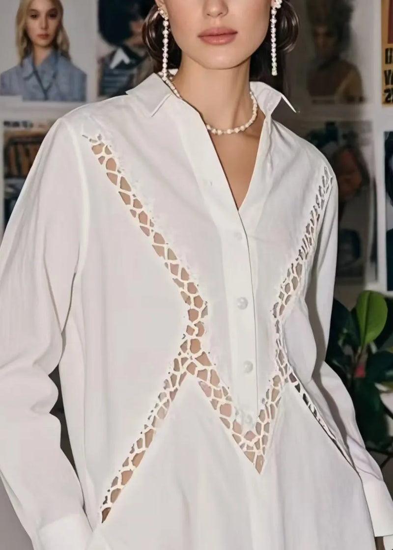 White Hollow Out Patchwork Lace Long Blouses Spring