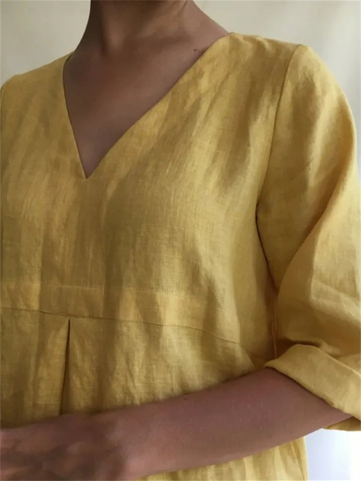 V-neck Color Cotton Linen Loose Dresses