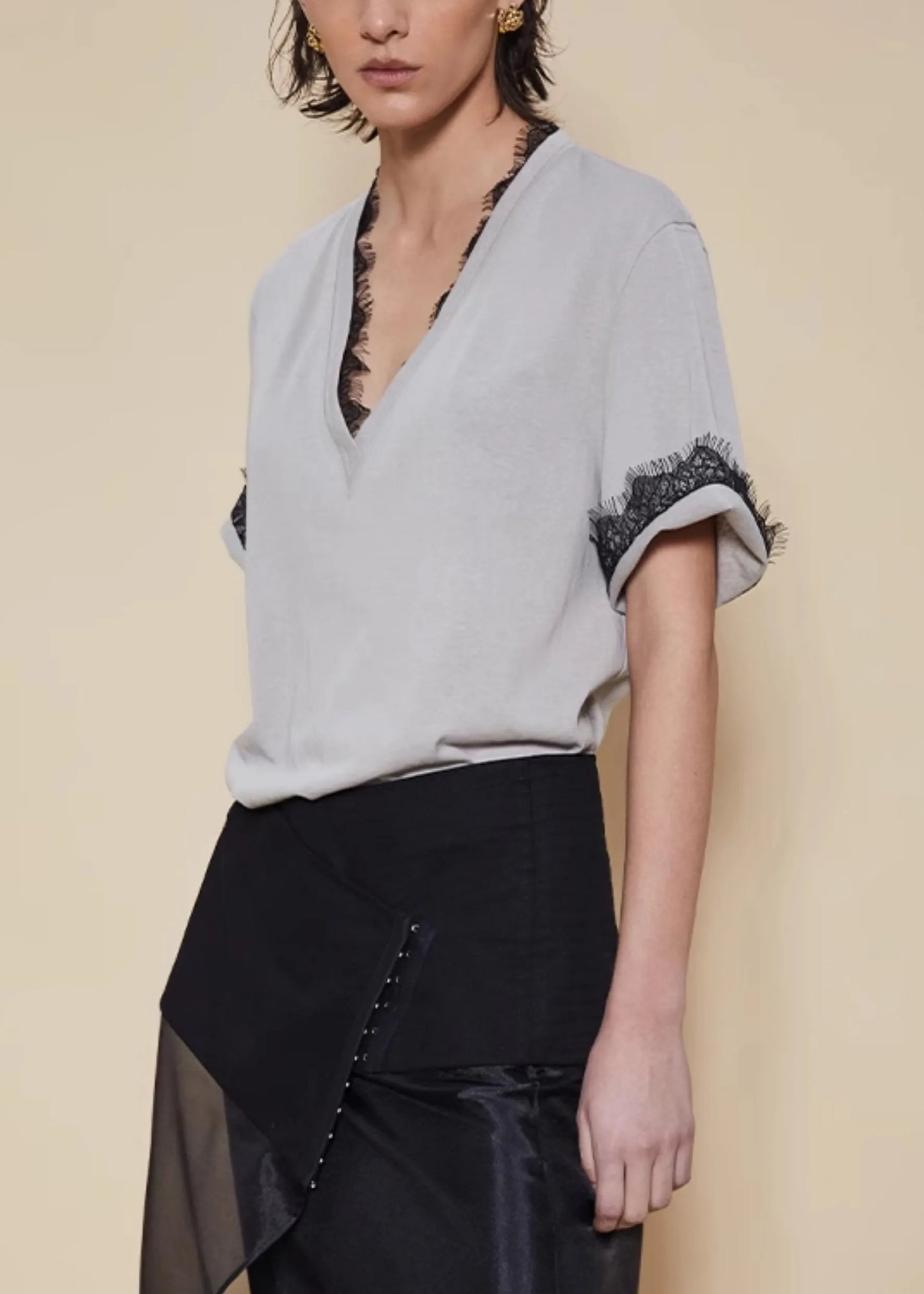 Grey Lace Cotton T Shirt V Neck Short Sleeve