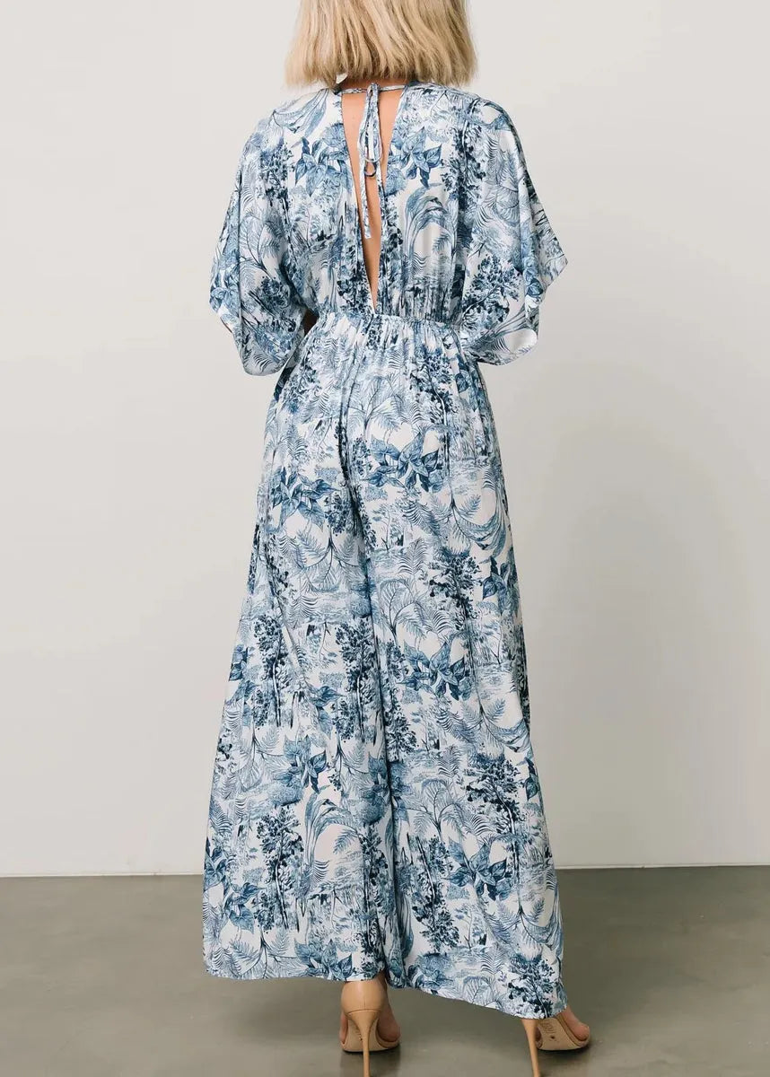 Blue Print Lace Up Pockets Cotton Jumpsuit Summer