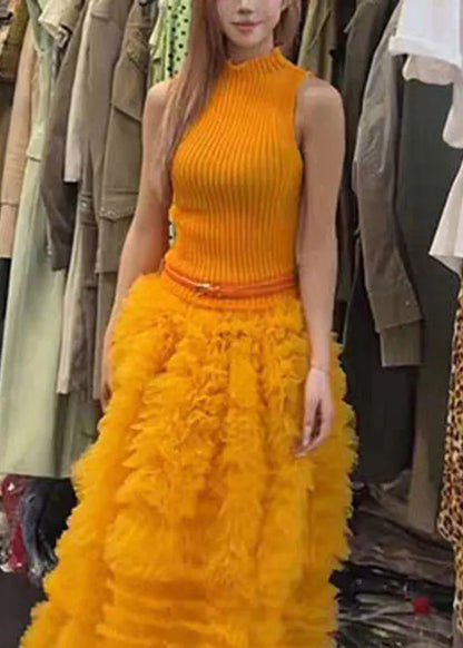 Modern Turtleneck Knit Top and Tulle a Line Skirts Two Pieces Set Summer