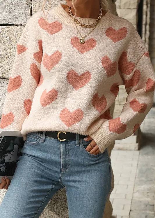 Diy Pink O Neck Thick Heart Jacquard Knit Pullover Fall