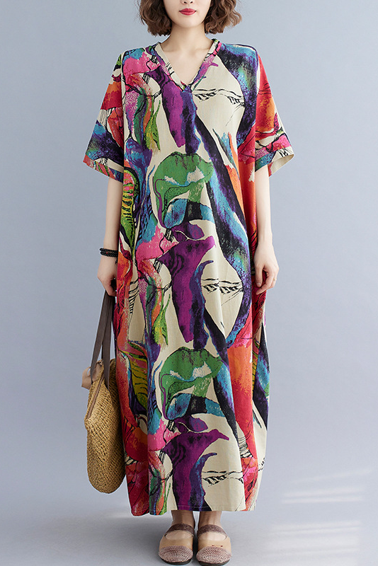 Cotton Linen V-neck Loose Long Dress Short Sleeve Printed Dress