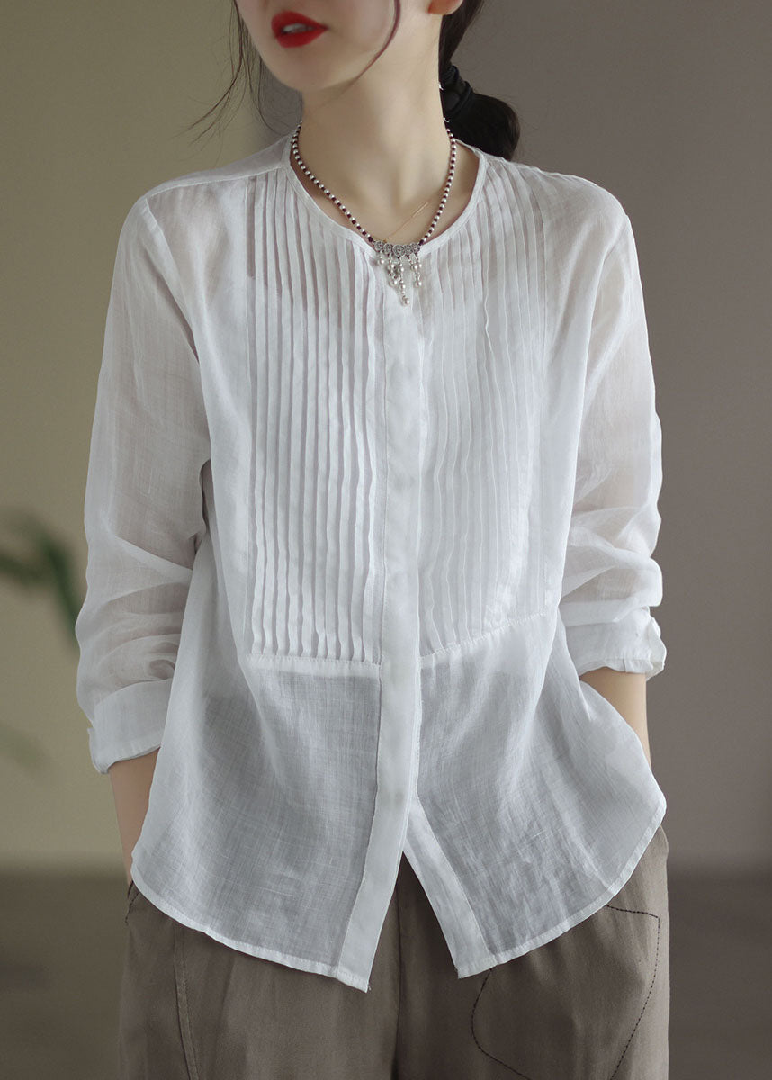 White O-neck Linen Shirt Tops Long Sleeve