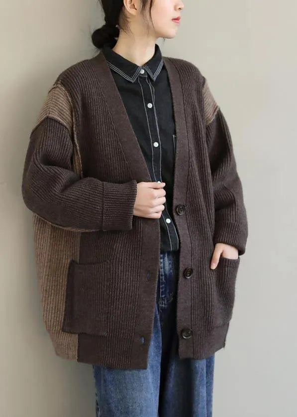 Aesthetic Chocolate Knitted T Shirt V Neck Button Downfall Spring Knit Sweat Tops