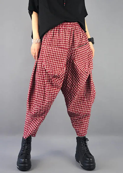 French Plaid Pockets High Waist Cotton Harem Pants Spring