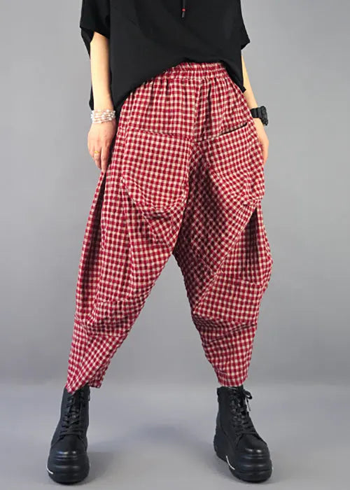 French Plaid Pockets High Waist Cotton Harem Pants Spring