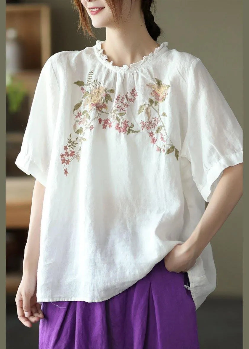 Navy Ruffled Embroidered Summer Linen Shirt