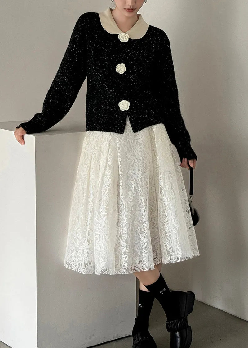 French Black Peter Pan Collar Button Knit Cardigan Fall
