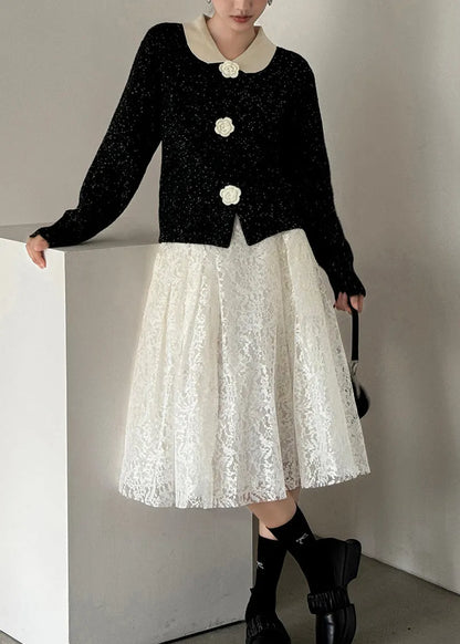 French Black Peter Pan Collar Button Knit Cardigan Fall