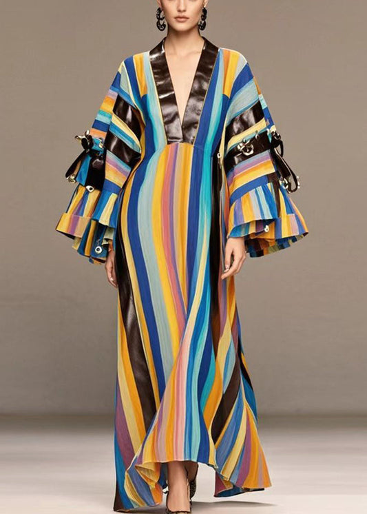 Rainbow Striped Patchwork Pu Rivet Cotton Maxi Dresses Fall