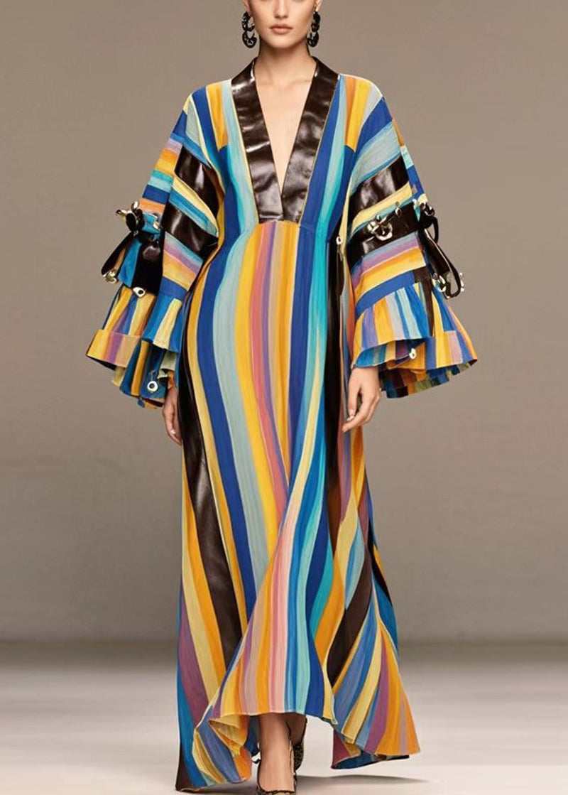 Rainbow Striped Patchwork Pu Rivet Cotton Maxi Dresses Fall