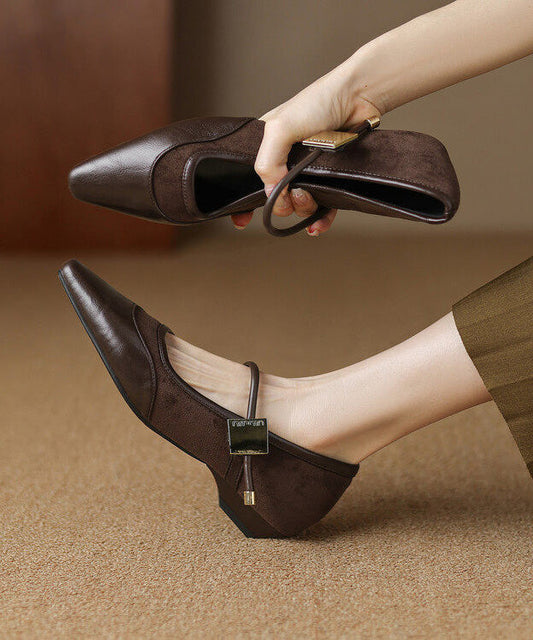 Brown Buckle Strap Splicing Faux Leather Pointed Toe Shoes