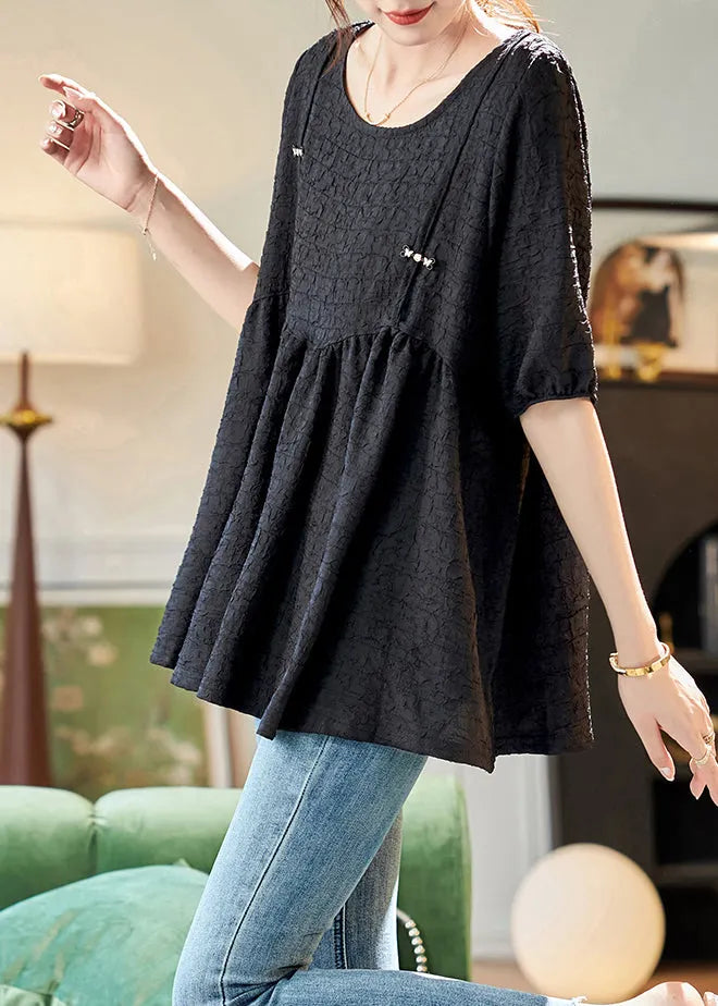 Simple Black O-neck Patchwork Chiffon T Shirts Summer