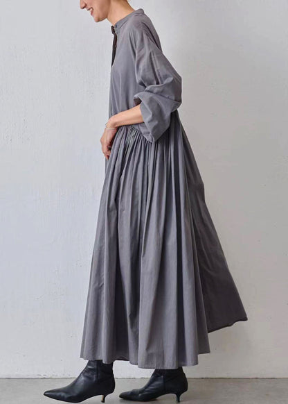 Grey Wrinkled Patchwork Cotton Dresses Lantern Sleeve