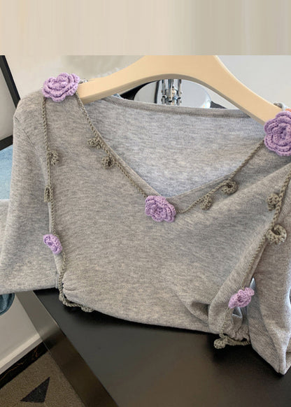 Novelty Grey V Neck Tie Lace Knit Tops Fall