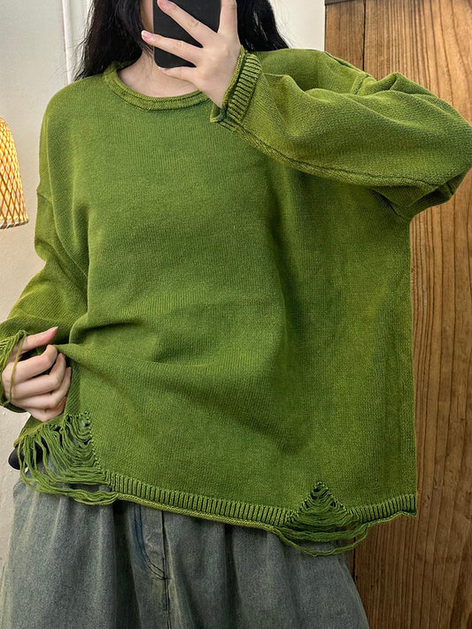 Autumn Retro O-neck Frayed Knit Sweater