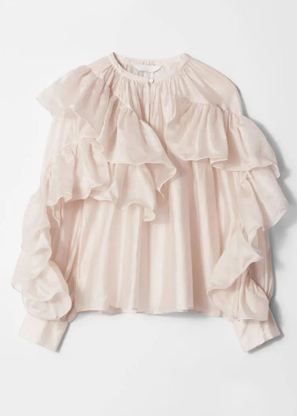 Stylish O-neck Ruffled Silk Shirts Fall