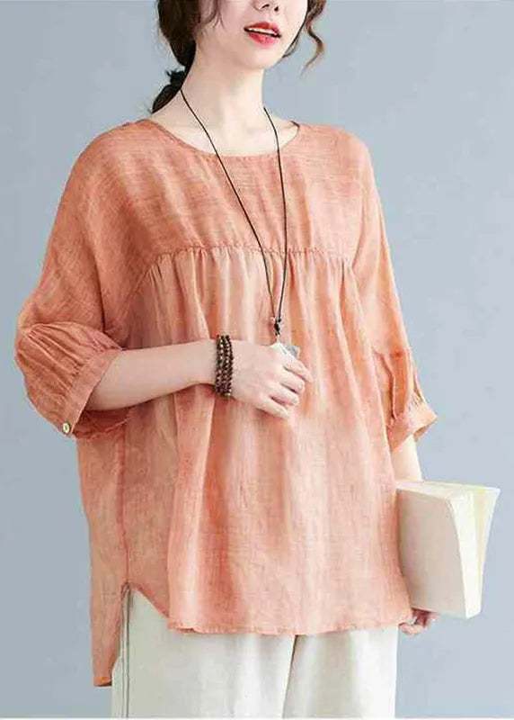 Orange O-neck Patchwork Side Open T Shirt Half Sleeve